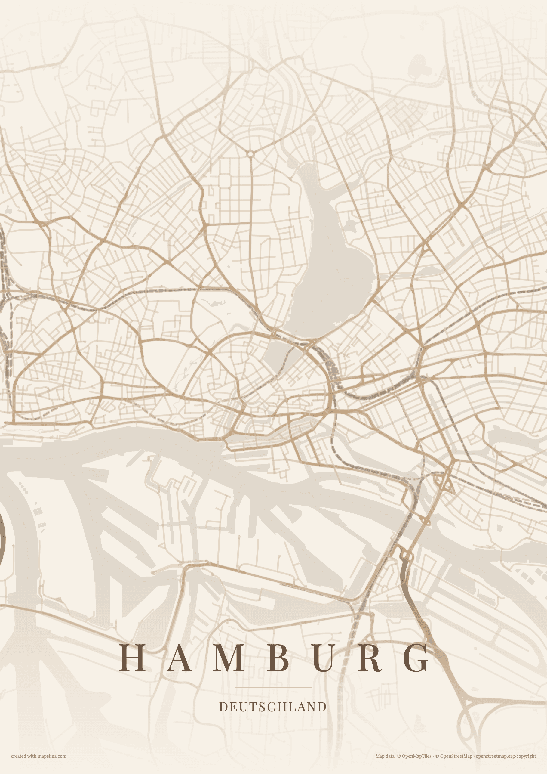 Digitaler Kartenposterentwurf von Hamburg in warmen Champagnertönen